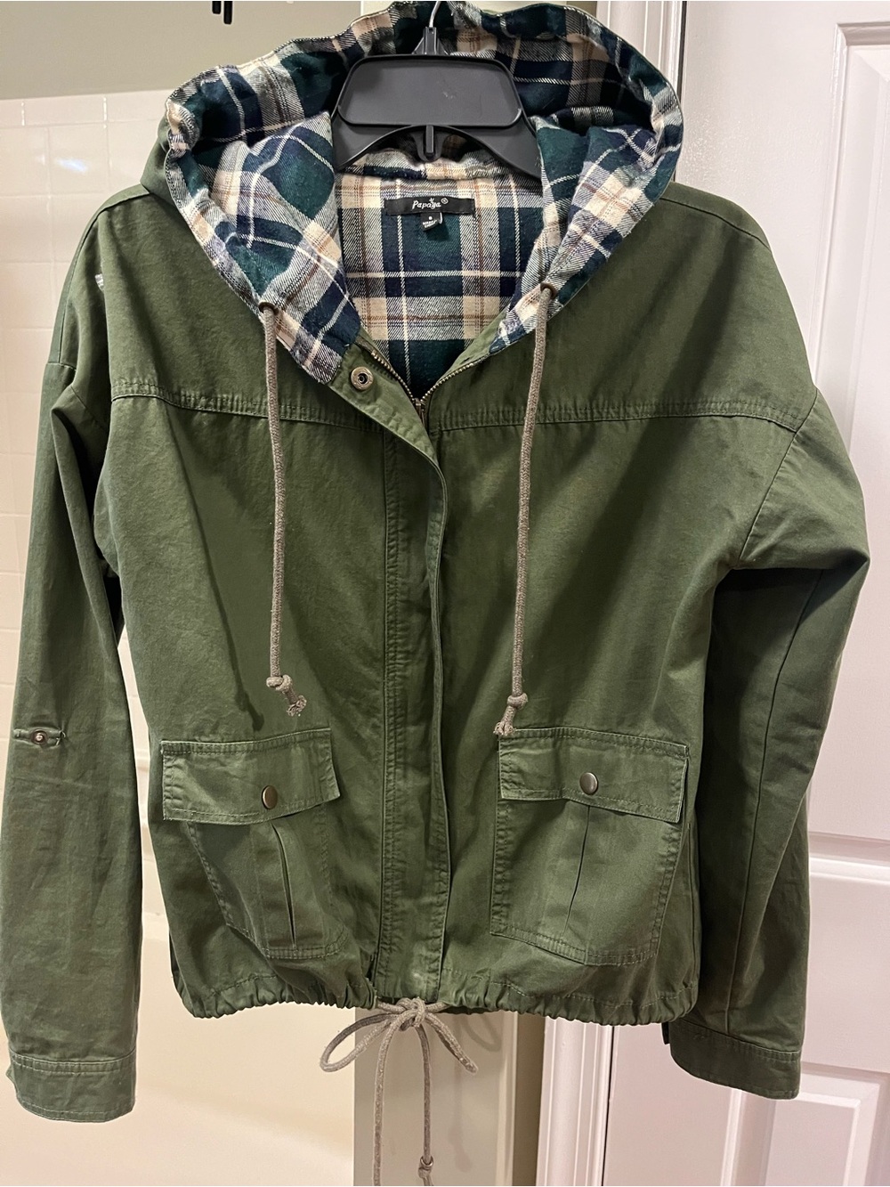 Papaya Olive Green Hooded Utility Jacket with Plaid Lining. Size S.